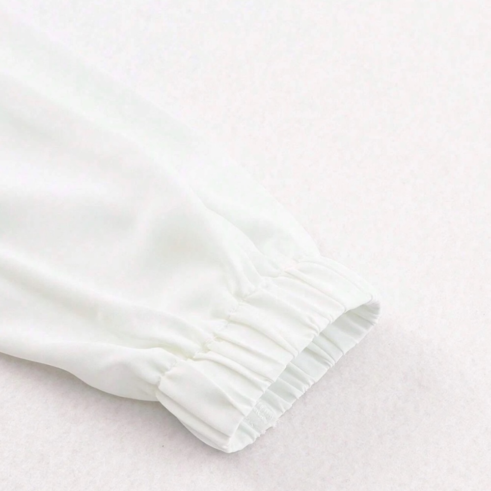 White Hidden Button Down Short Long Sleeve Pleated Details - Picture 8 of 12